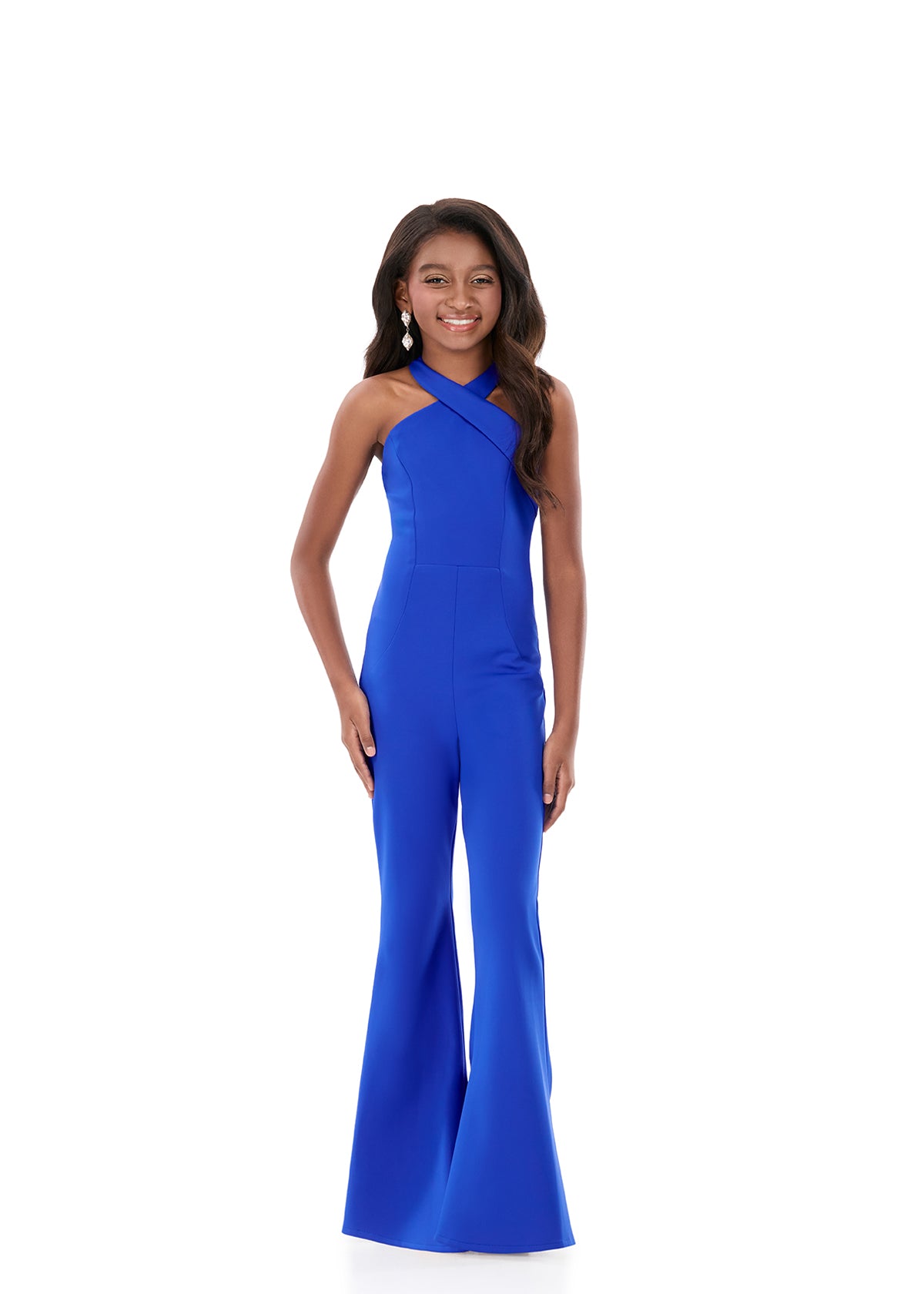 ASHLEYlauren 8336 | Royal scuba flared pant  jumpsuit with a cross-over bodice 