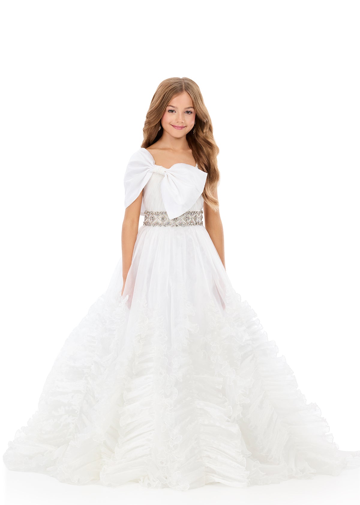 ASHLEYlauren 8338 | Ivory kids pageant gown with bow detail and layered volume
