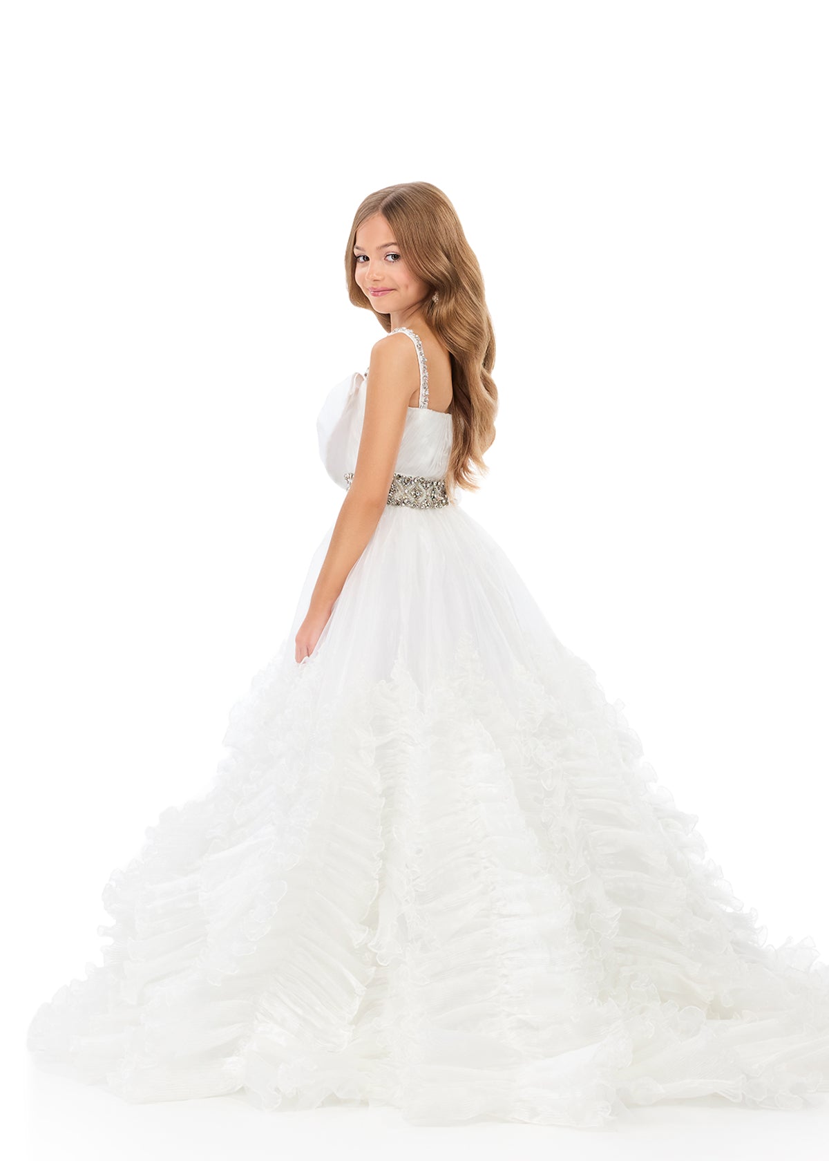ASHLEYlauren 8338 | Ivory organza ball gown with asymmetric neckline and ruffle skirt