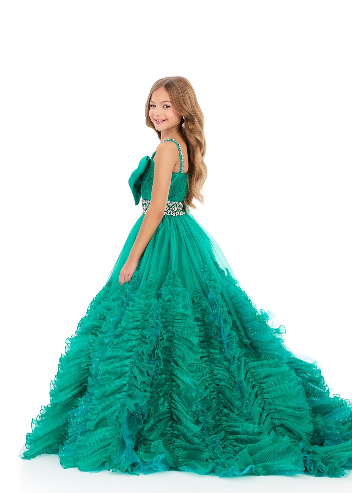 ASHLEYlauren 8338 | Jade organza ball gown with one-shoulder bow and ruffle skirt