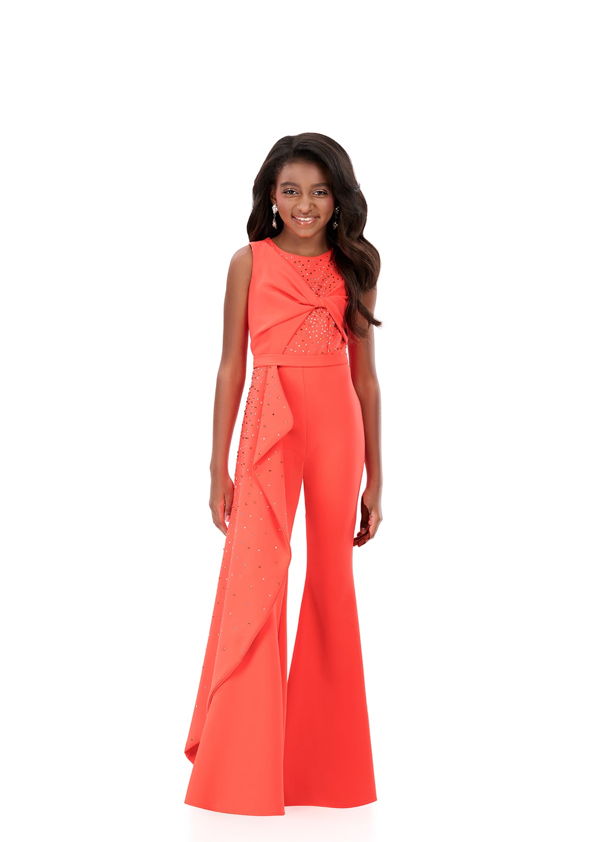 ASHLEYlauren 8341 | Neon-Orange pageant jumpsuit with flared pant and sleek fit