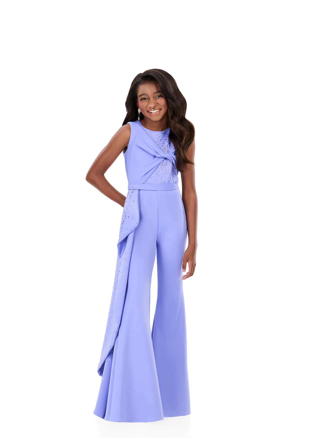 ASHLEYlauren 8341 | Periwinkle pageant jumpsuit with wide leg and modern silhouette