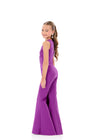 ASHLEYlauren 8341 | Purple Scuba jumpsuit featuring a fitted bodice, wide-leg pant, and cascading side ruffle