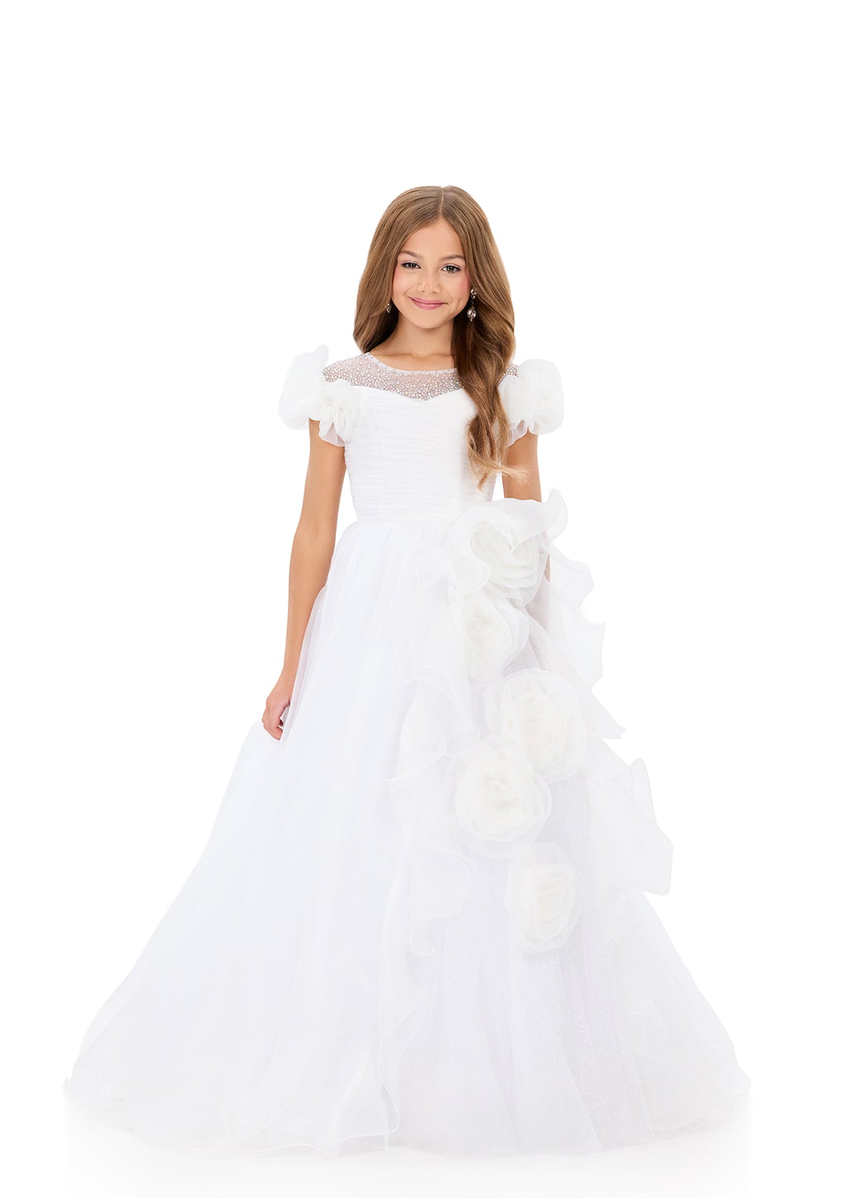ASHLEYlauren 8346 | Ivory pageant gown with shimmer bodice and voluminous skirt