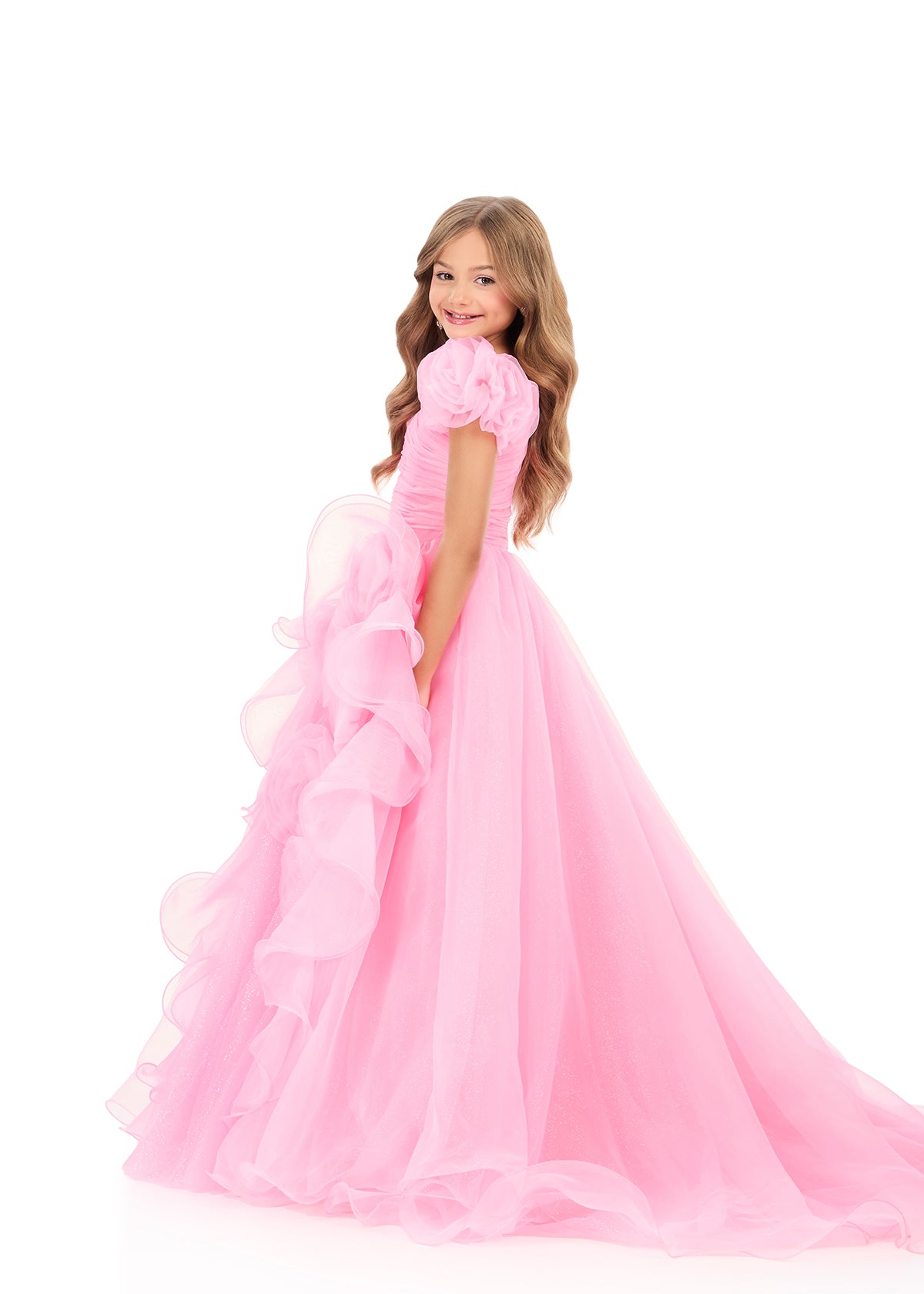 ASHLEYlauren 8346 | Pink organza ball gown with puff sleeves and rosette detailing