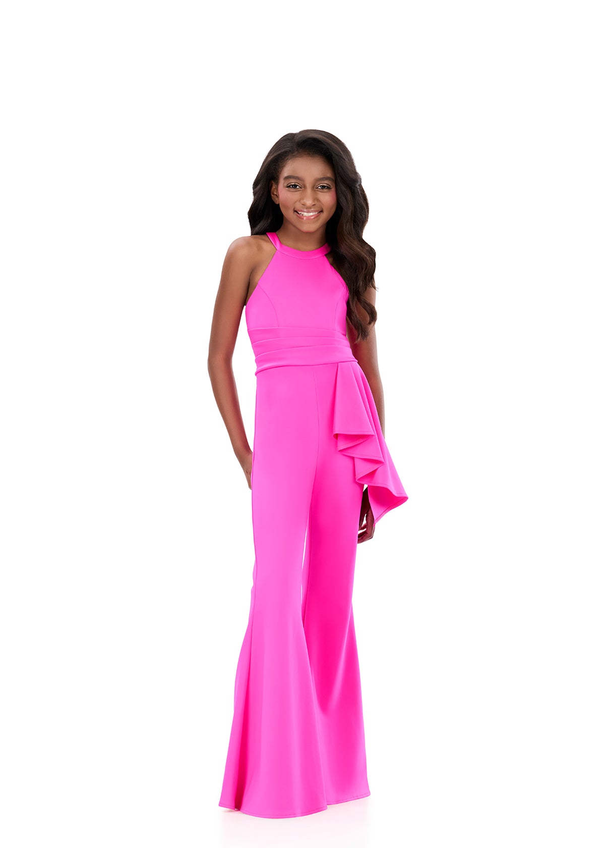 ASHLEYlauren 8347 | Fuchsia pageant jumpsuit with sleek silhouette and bold finish
