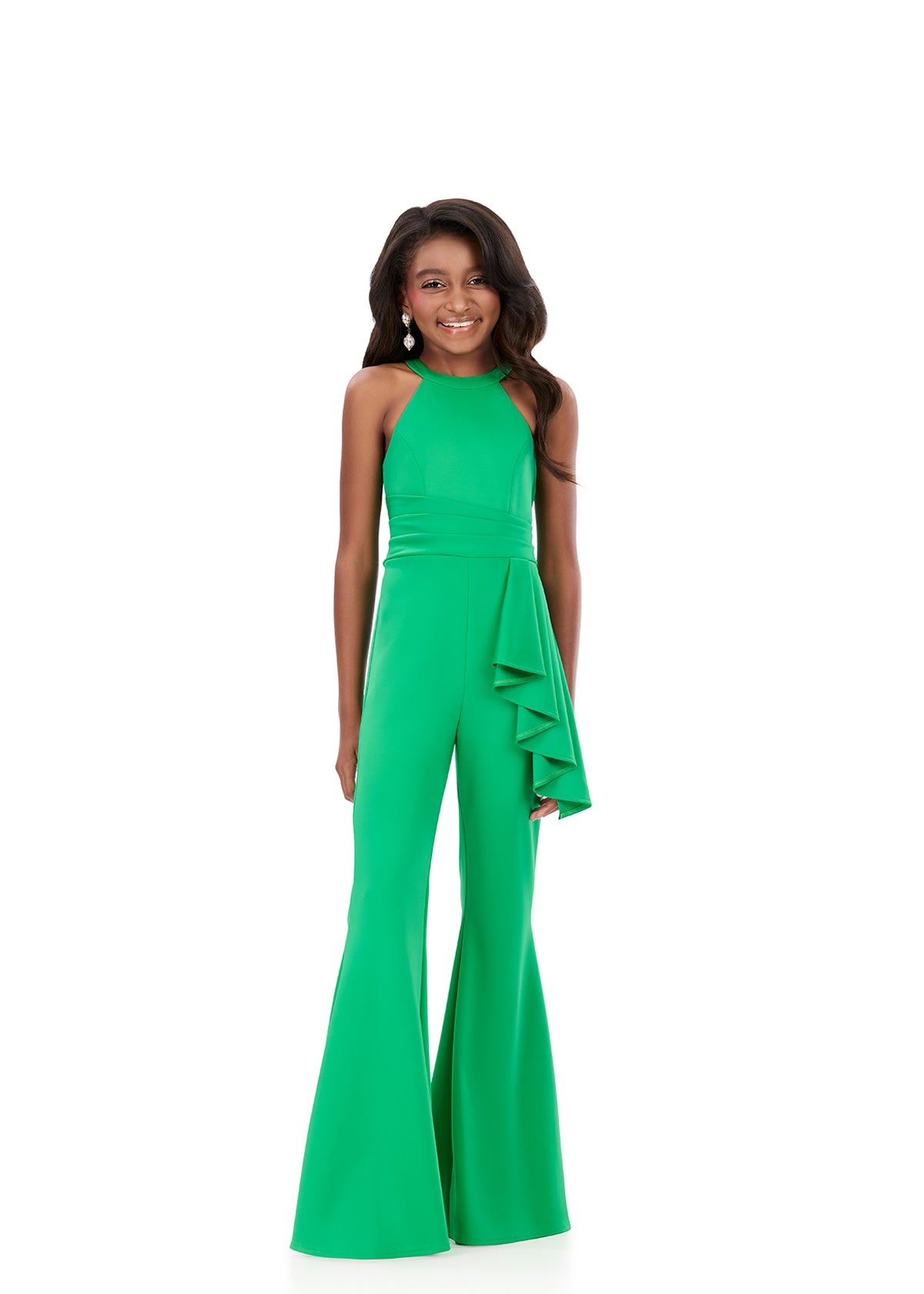 ASHLEYlauren 8347 | Green pageant jumpsuit with waist ruffle and structured shape
