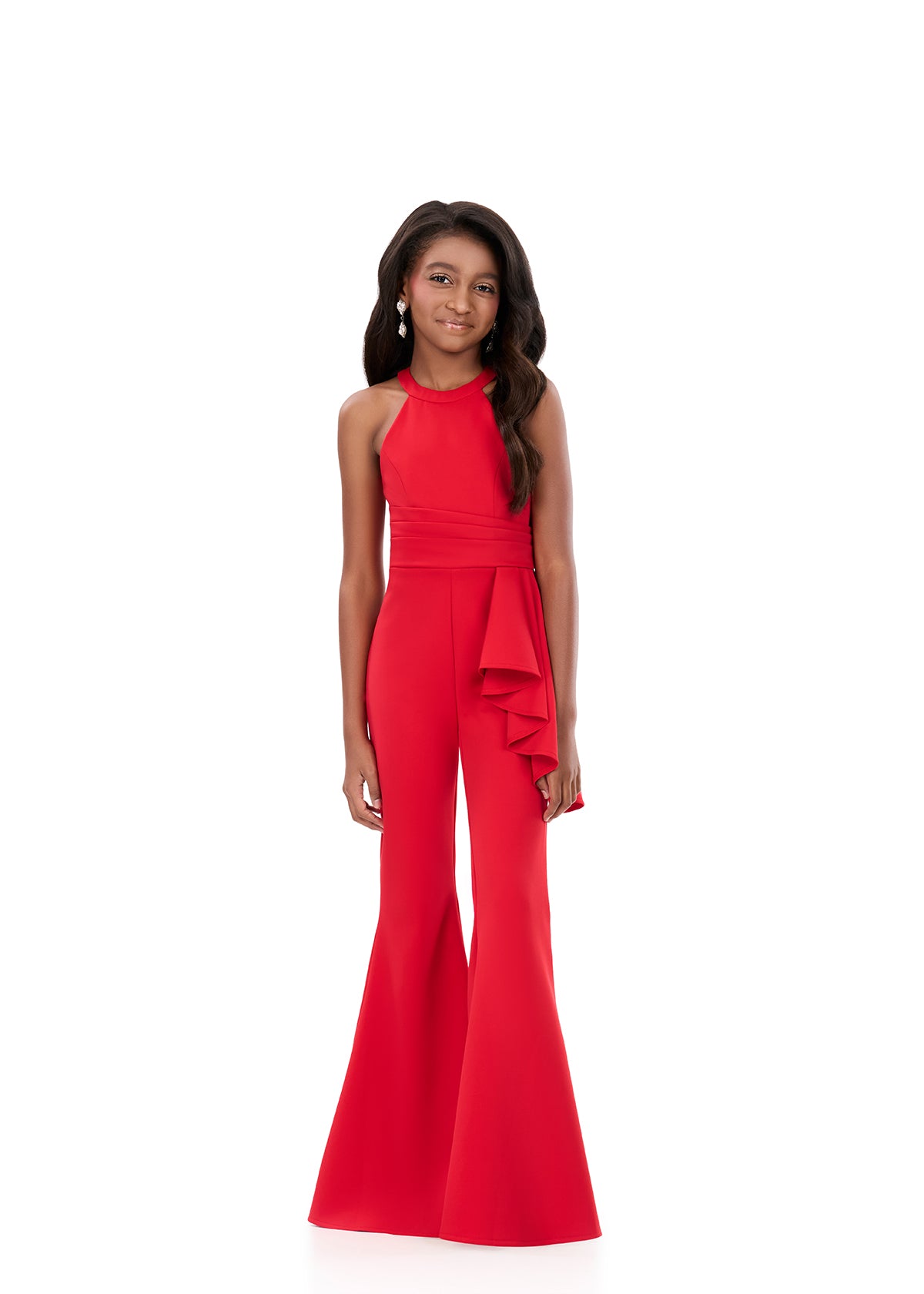 ASHLEYlauren 8347 | Red pageant jumpsuit with fitted bodice and structured silhouette