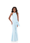 ASHLEYlauren 8347 | Sky scuba halter jumpsuit with a fitted silhouette, waist ruffle detail, and wide flared pants