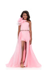 ASHLEYlauren 8348 | Hot-Pink  high-low luxury prom gown with fitted bodice, sweeping skirt, and formal design