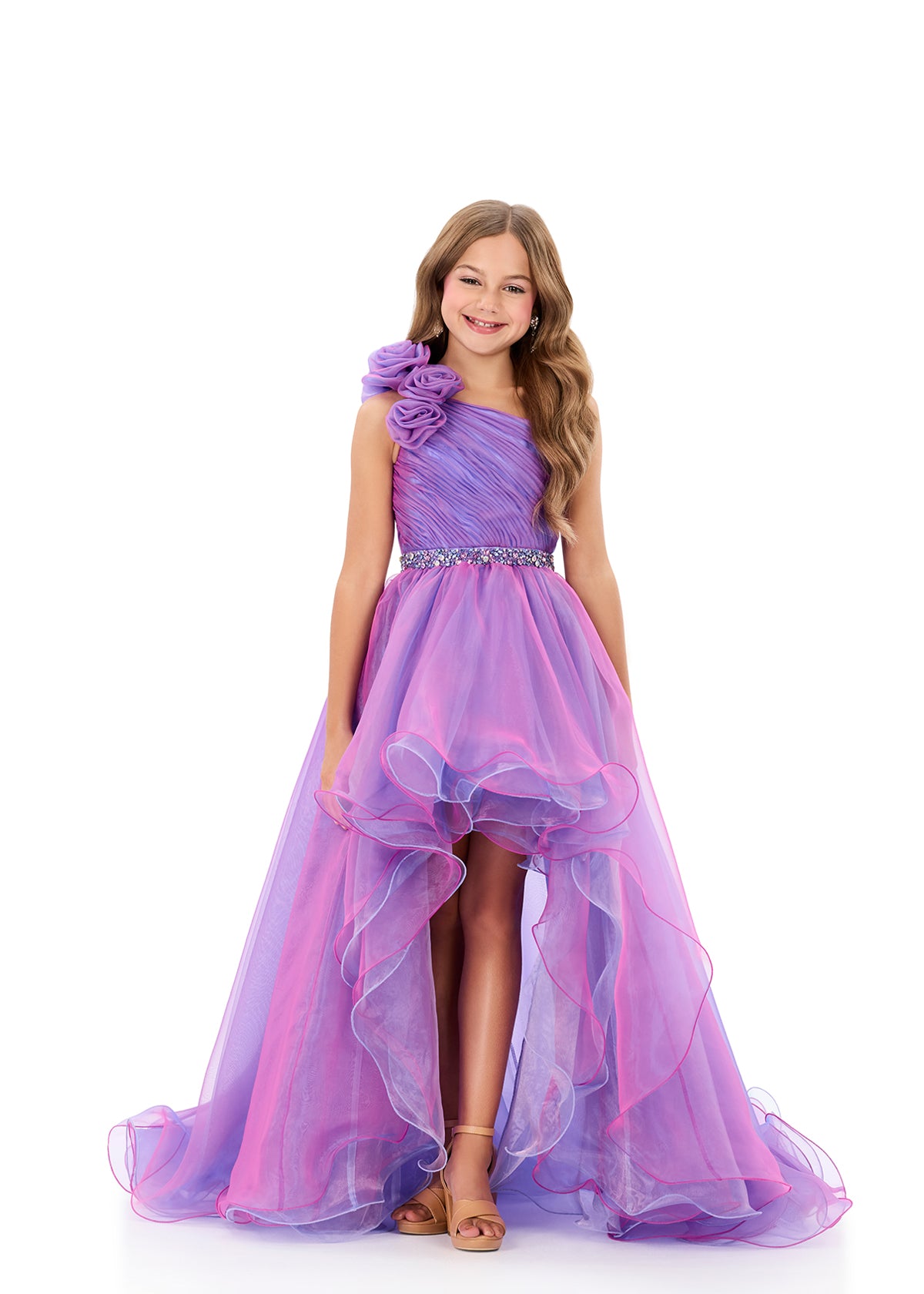 ASHLEYlauren 8350 | Lilac-Sky pageant gown with crystal waistband and voluminous skirt