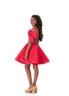 ASHLEYlauren 8354 | Red kids pageant dress featuring beaded bodice, bow off-shoulder straps, and voluminous taffeta skirt