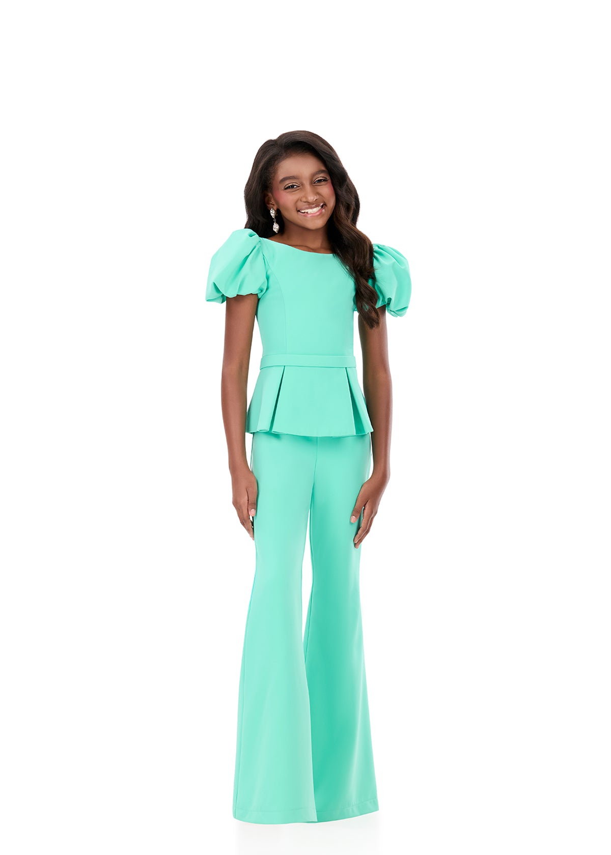 ASHLEYlauren 8358 | Aqua kids suit with peplum detail and flared silhouette