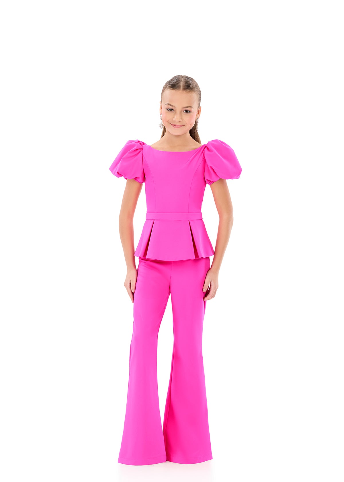 ASHLEYlauren 8358 | Hot-Pink kids suit with structured top and flared trousers
