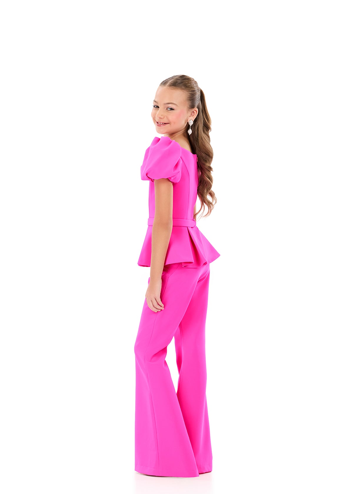 ASHLEYlauren 8358 | Hot-Pink jersey pantsuit with puff sleeves and peplum waist