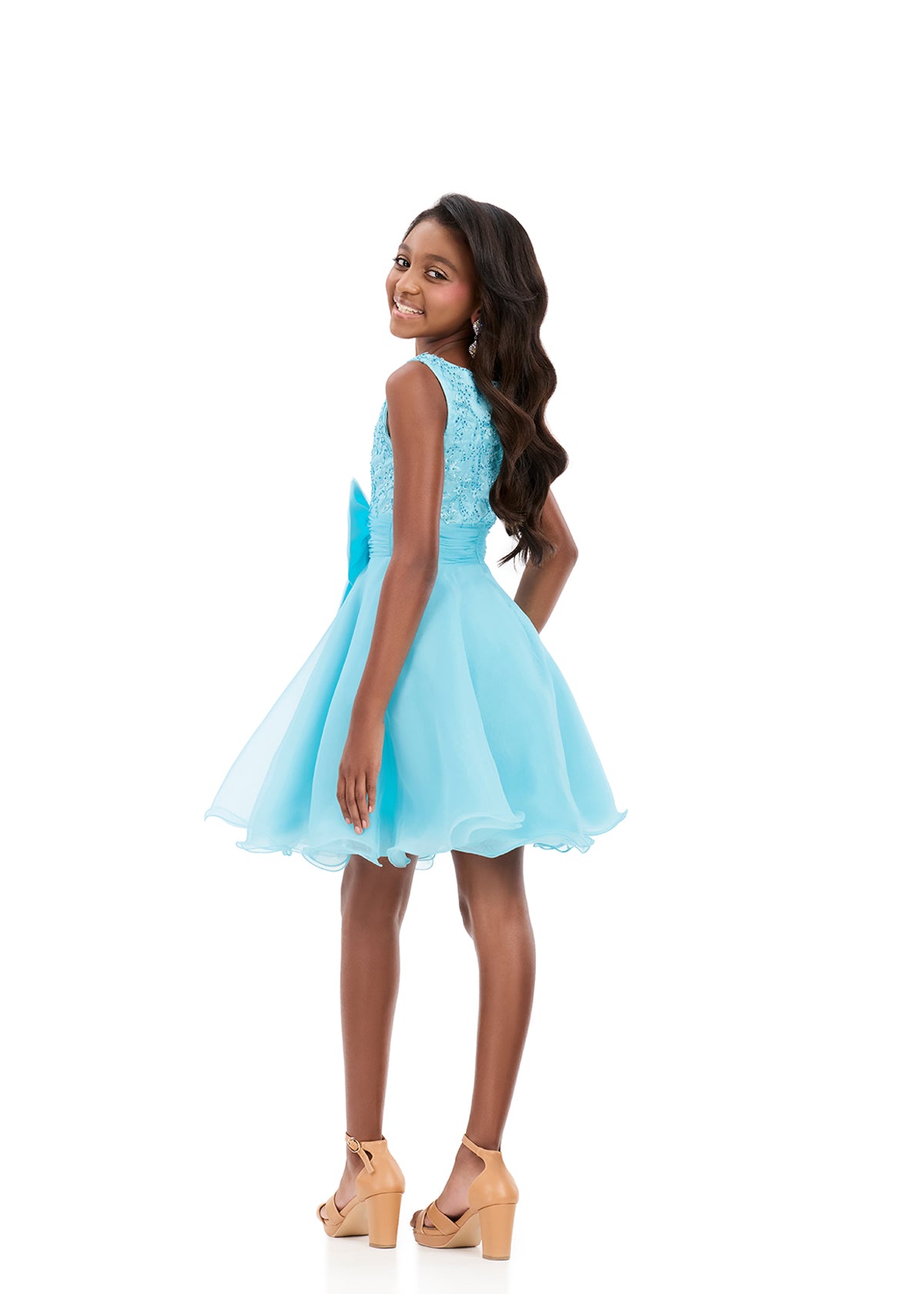 ASHLEYlauren 8359 | Sky lace kids dress with organza skirt and oversized bow