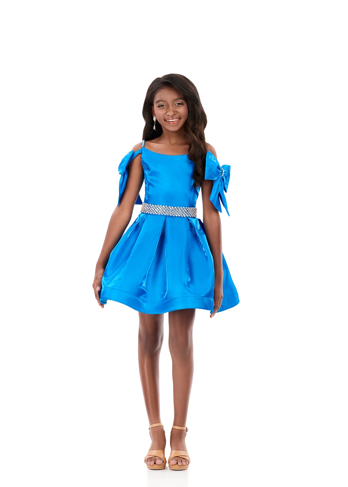 ASHLEYlauren 8360 | Peacock pageant dress with bow detail and dramatic volume