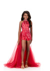 ASHLEYlauren 8364 | Red pageant set with beaded bodice and dramatic side skirt