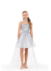ASHLEYlauren 8365 | Silver pageant dress with structured bodice and dramatic overlay skirt