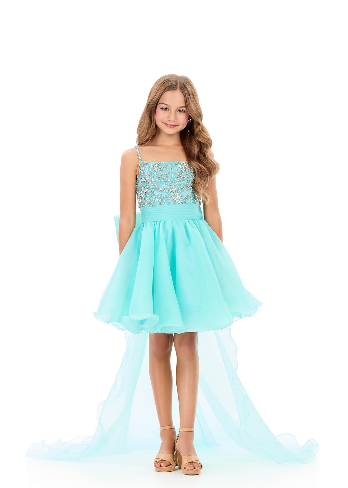 ASHLEYlauren 8369 | Aqua pageant dress with organza skirt and dramatic bow train