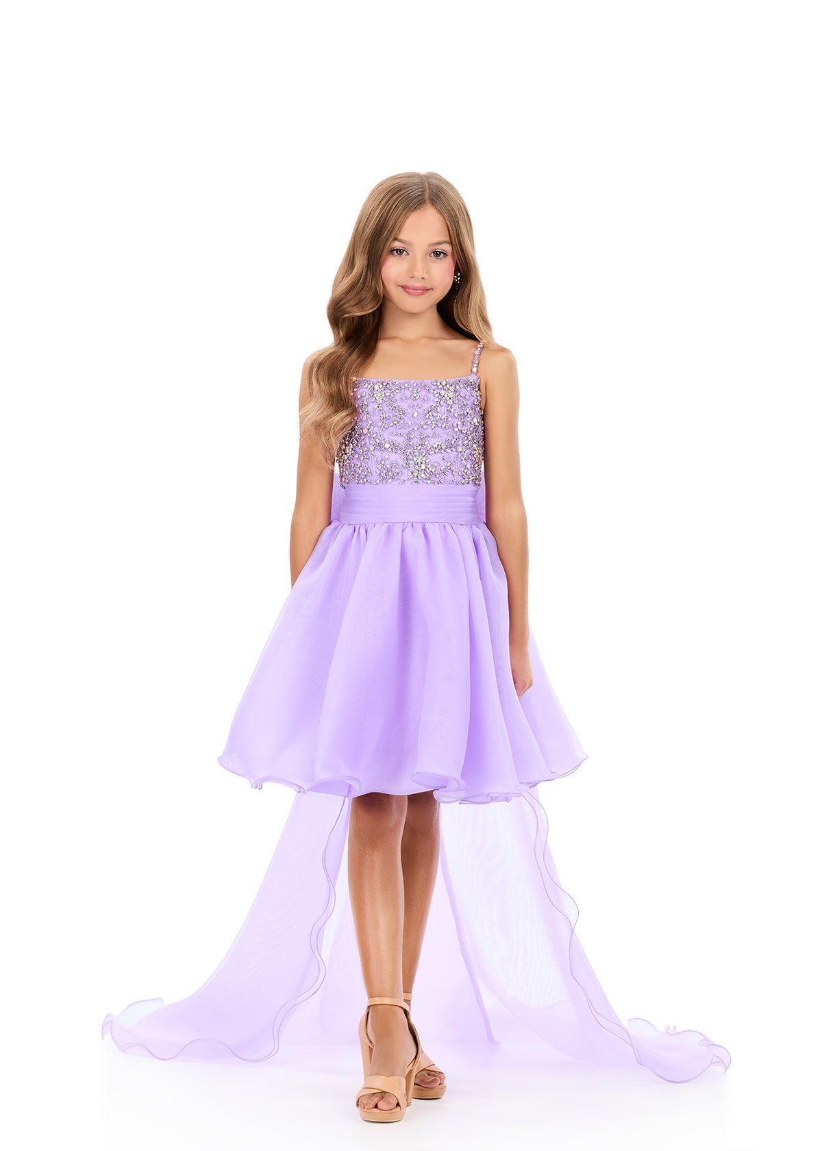 ASHLEYlauren 8369 | Orchid kids high-low organza gown with embellished bodice and oversized bow detail