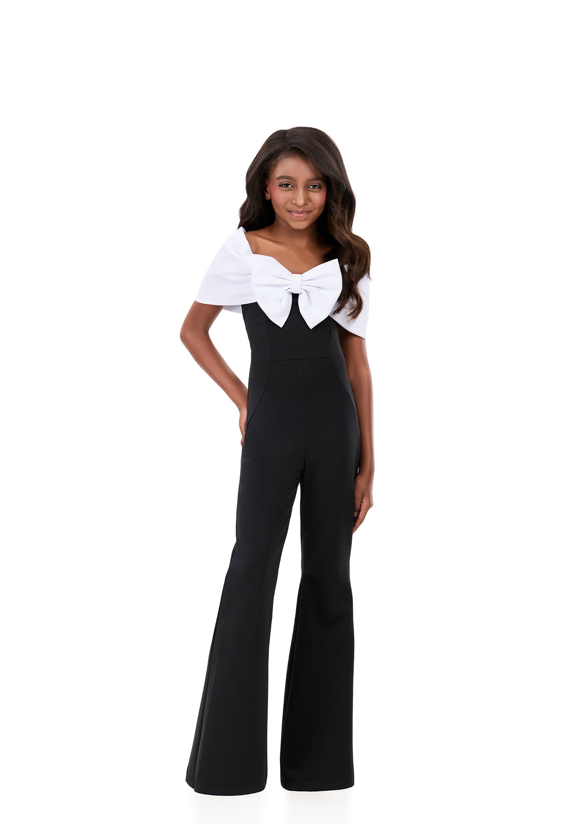 ASHLEYlauren 8372 | Black-White pageant jumpsuit with off-shoulder neckline and sculpted fit