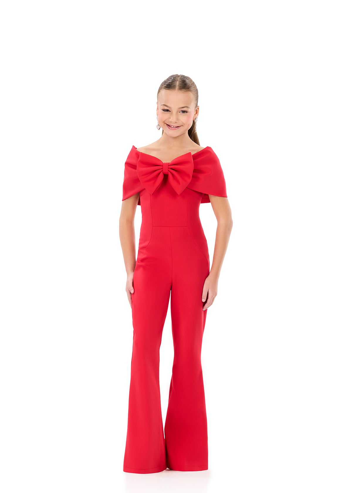 ASHLEYlauren 8372 | Red pageant jumpsuit with flared legs and bold bow detail