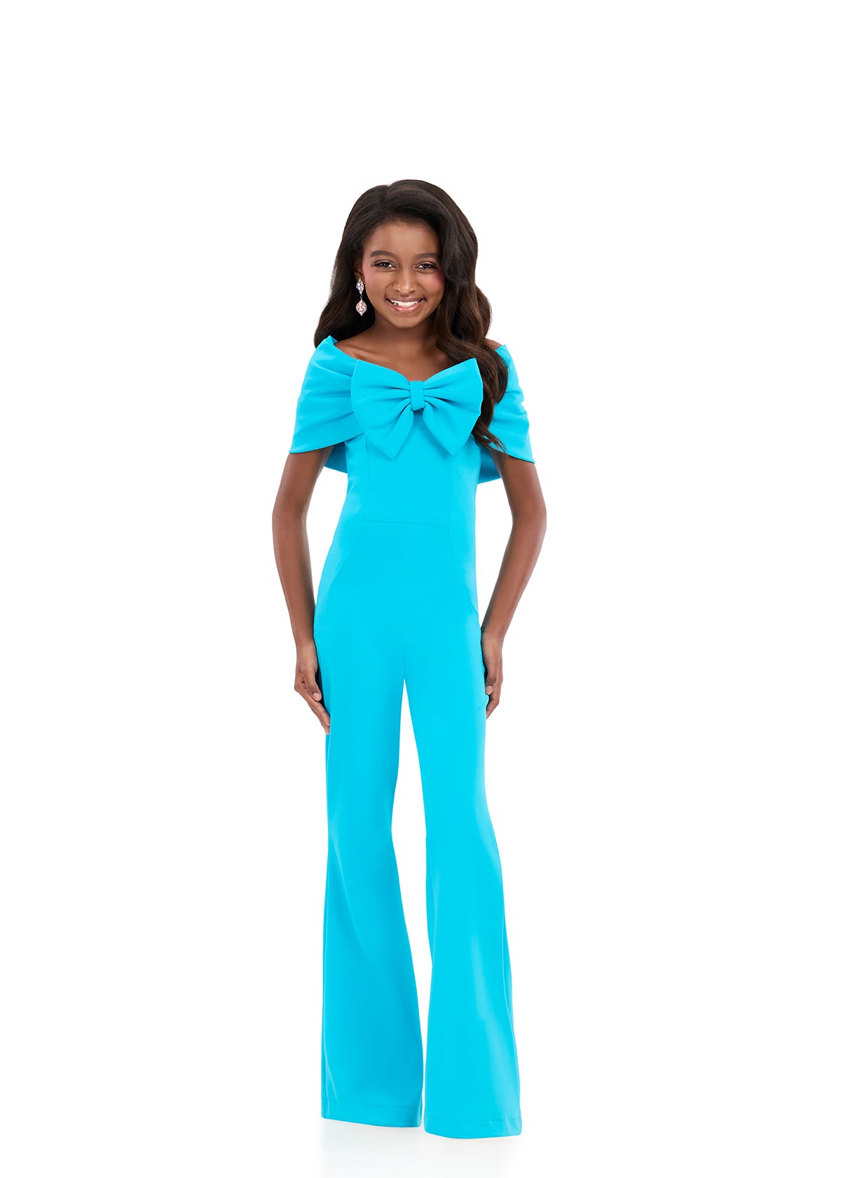 ASHLEYlauren 8372 | Turquoise jumpsuit with oversized bow neckline and flared legs