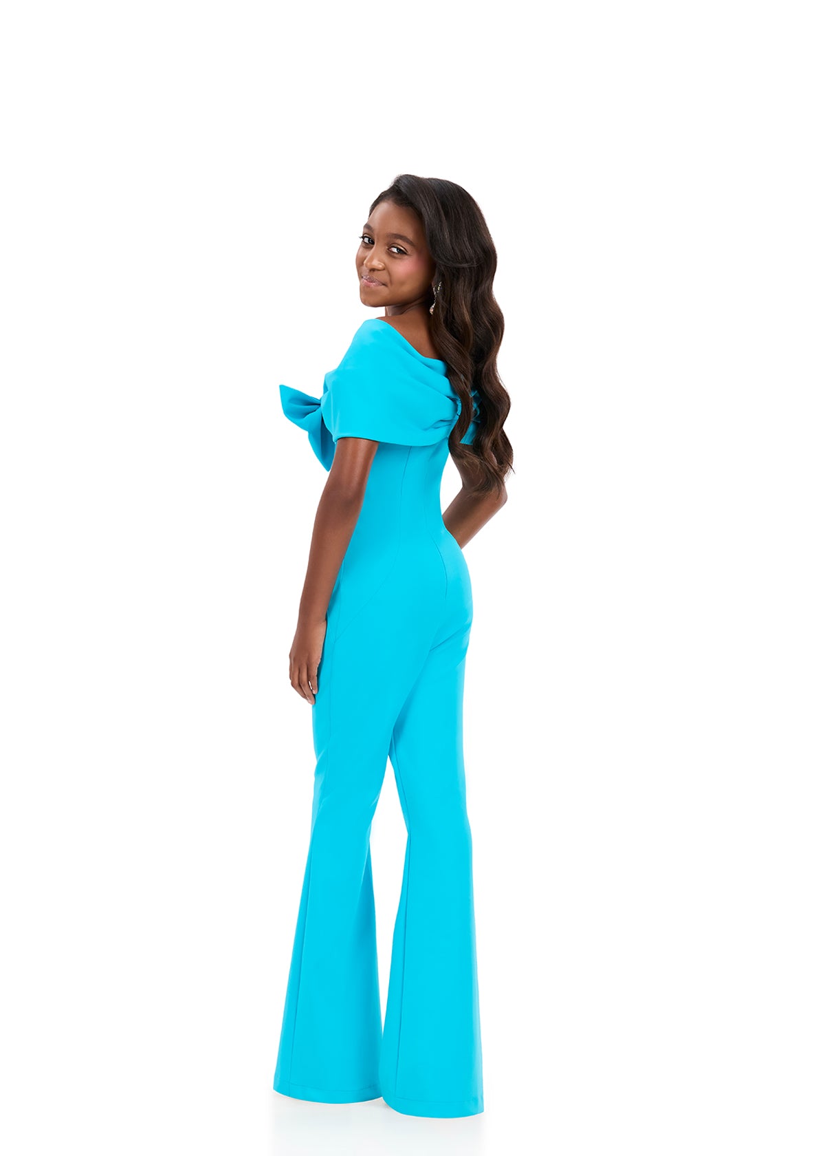 ASHLEYlauren 8372 | Turquoise kids jumpsuit with oversized bow neckline and flared legs