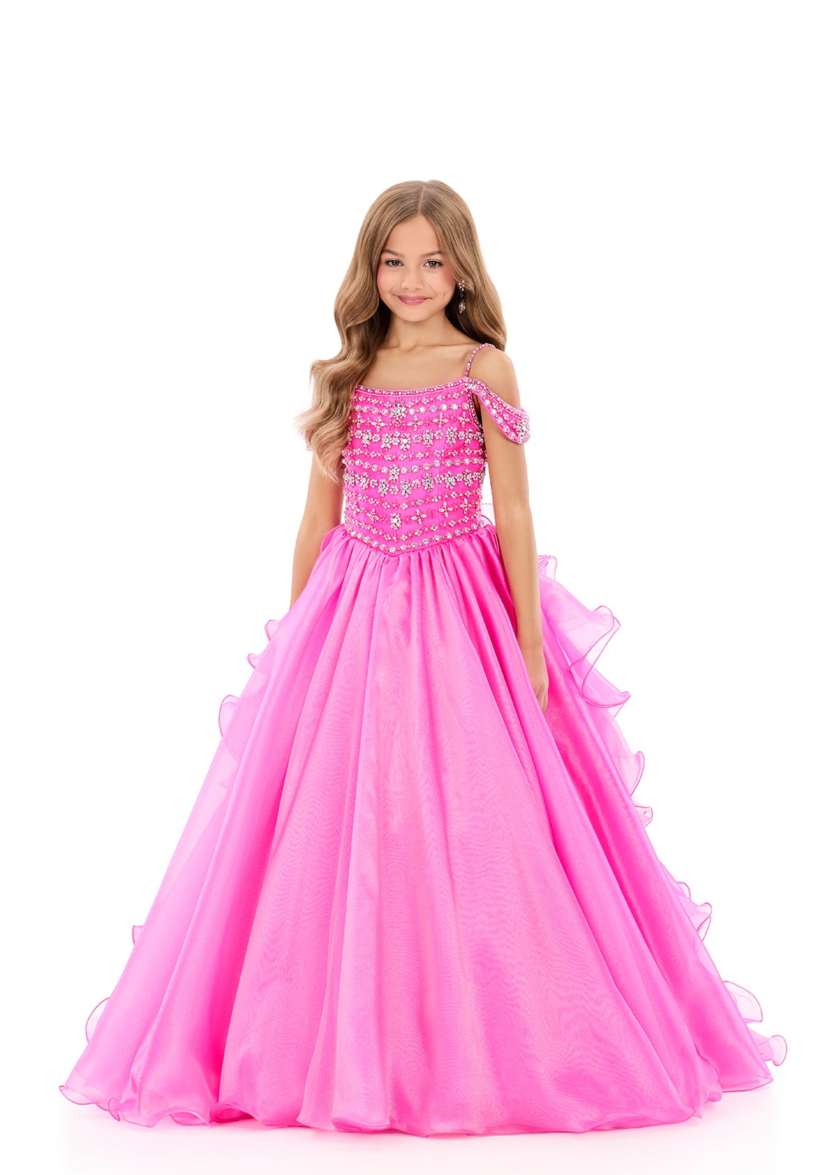 ASHLEYlauren 8376 | Magenta pageant gown with crystal detail and cascading ruffles