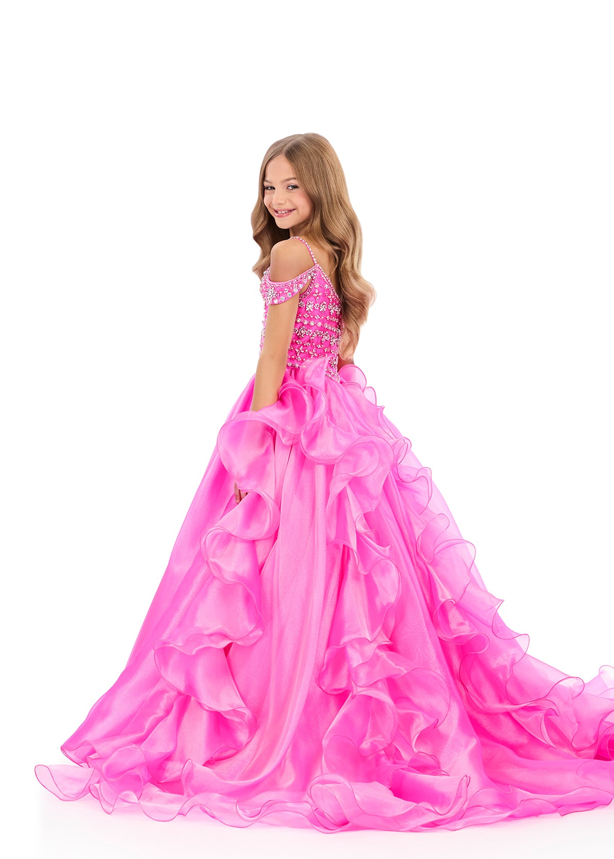 ASHLEYlauren 8376 | Magenta kids gown with beaded bodice and flowing organza skirt