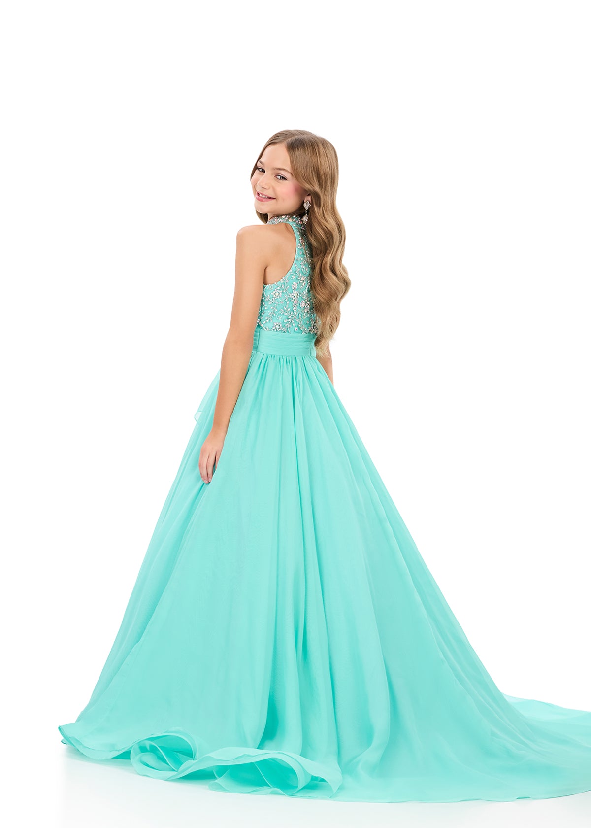ASHLEYlauren 8377 | Aqua chiffon gown with halter neckline and beaded bodice