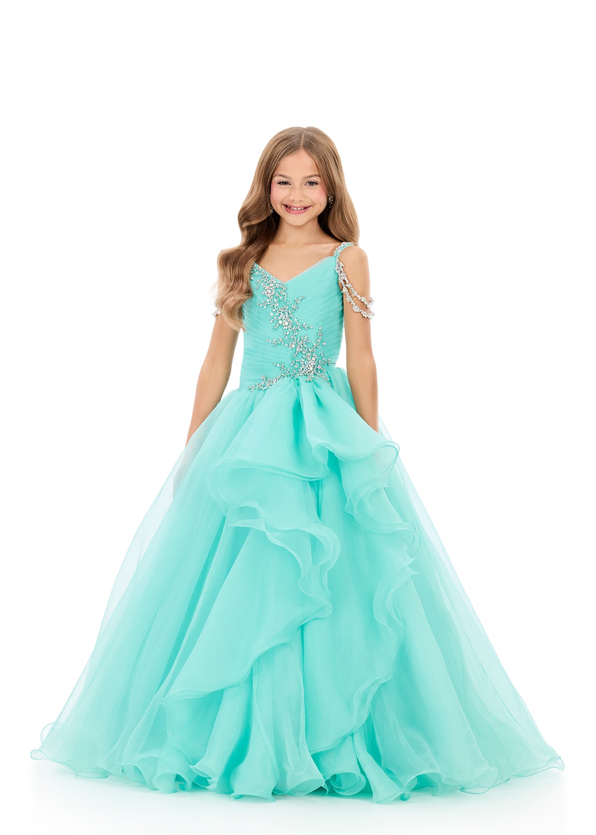 ASHLEYlauren 8378 | Aqua pageant dress with ruffle skirt and elegant movement