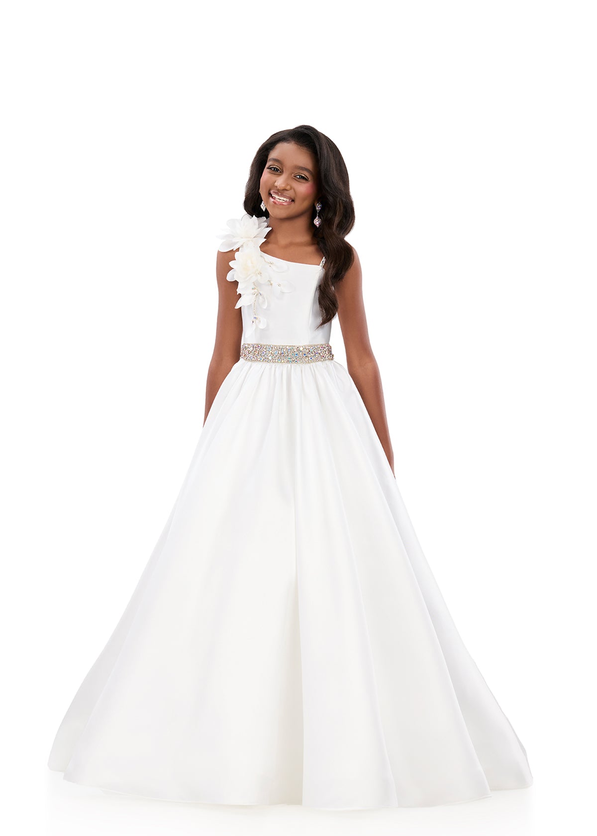 ASHLEYlauren 8379 | Ivory pageant dress with crystal waistband and voluminous skirt