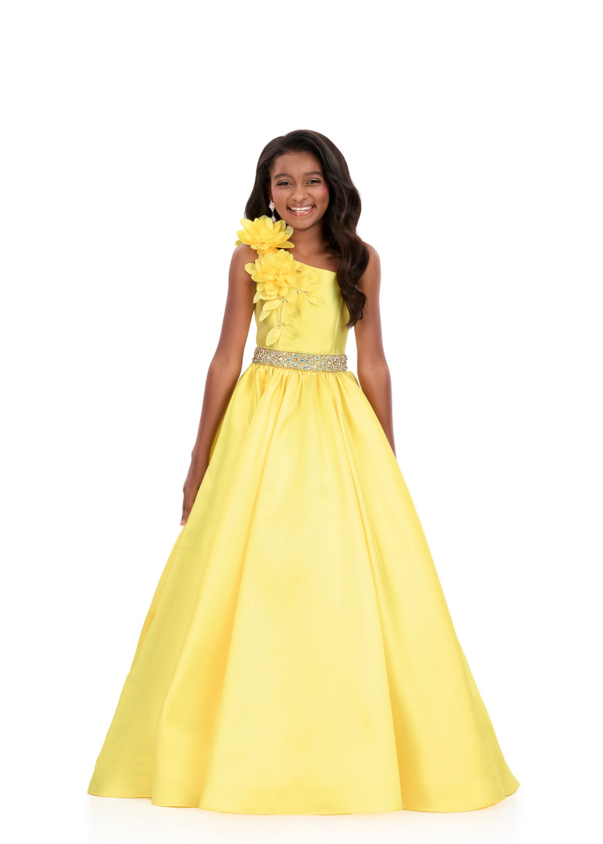 ASHLEYlauren 8379 | Yellow pageant ball gown with crystal waistband and pleated mikado skirt