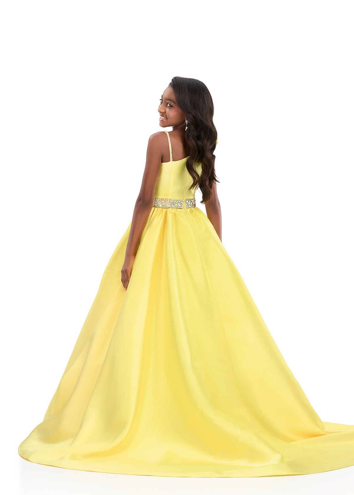 ASHLEYlauren 8379 | Yellow mikado kids gown with one-shoulder neckline, floral appliqué bodice, and full skirt
