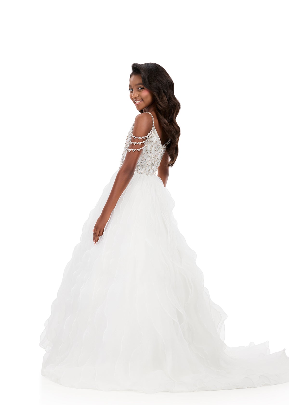 ASHLEYlauren 8382 | Ivory kids gown with beaded bodice and flowing organza skirt
