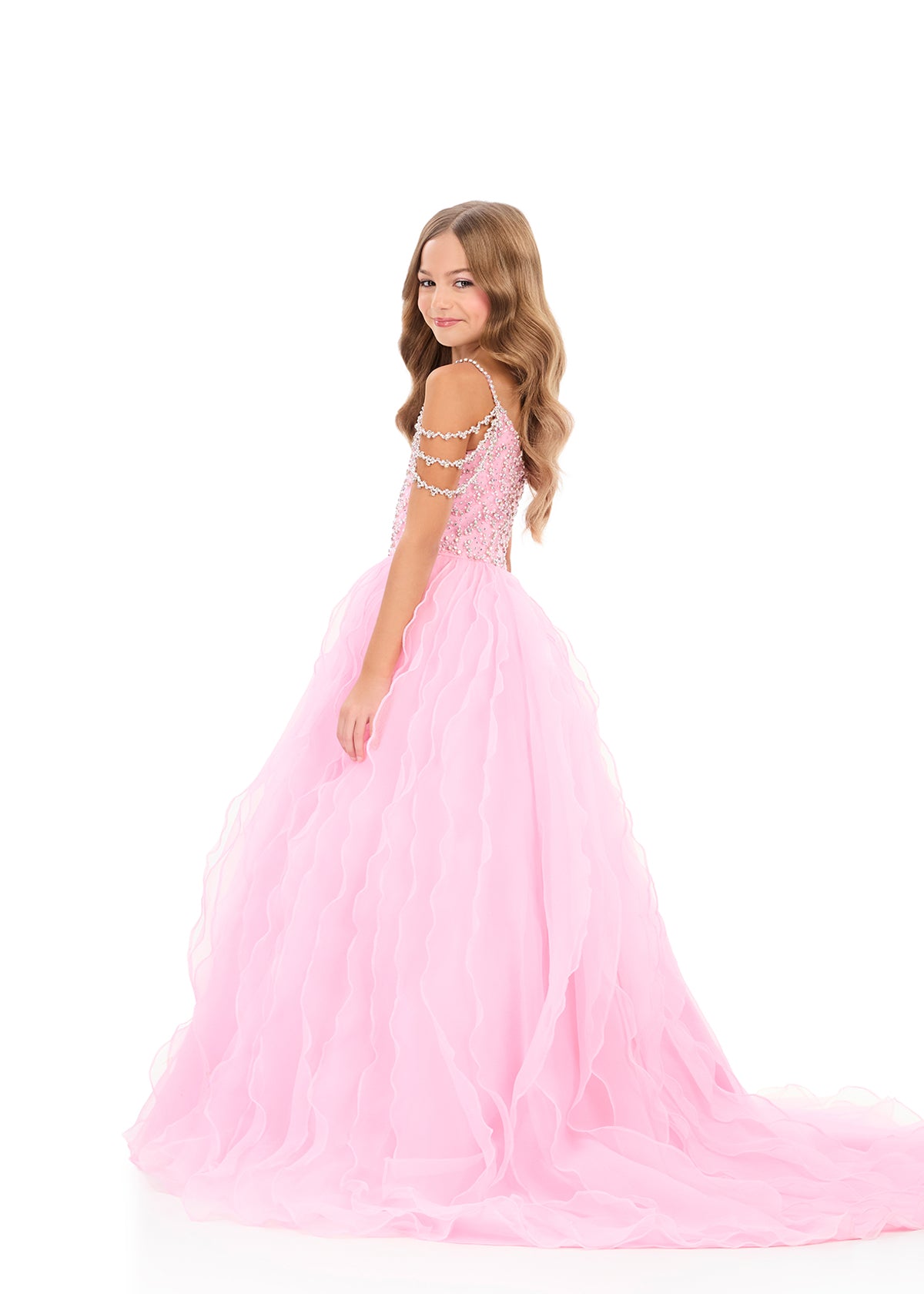 ASHLEYlauren 8382 | Pink kids gown with embellished bodice and layered organza skirt