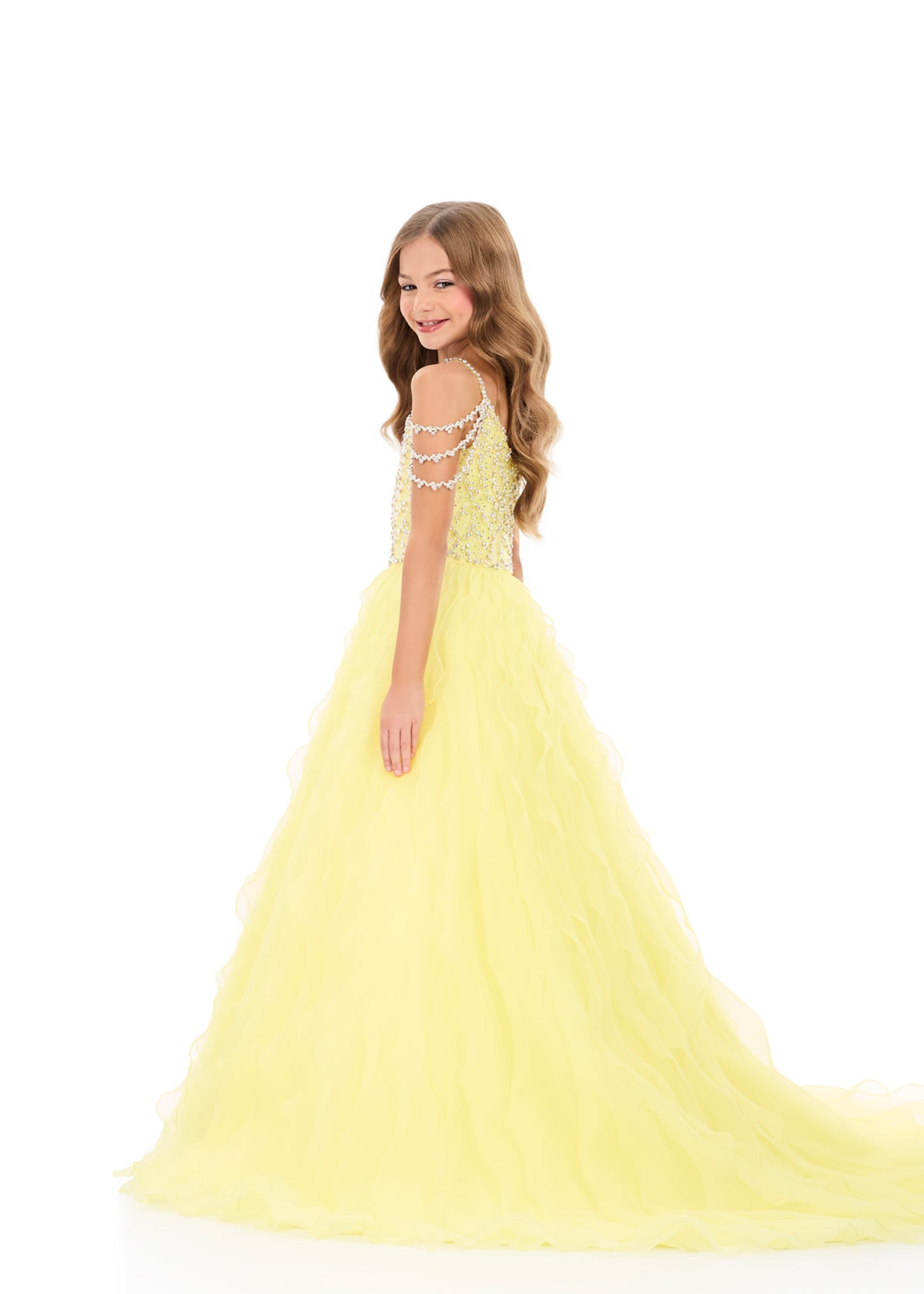 ASHLEYlauren 8382 | Yellow kids gown with beaded bodice, fringe straps, and organza skirt