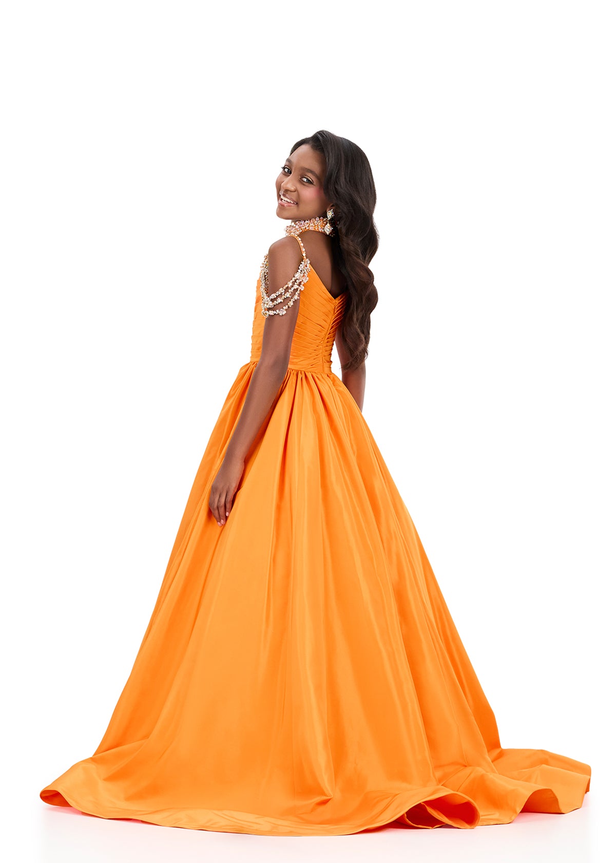 orange pageant dress girl Sugar Kayne C397 Girls Pageant Dress Organza Ballgown Beaded Crystal Straps Papaya / 12