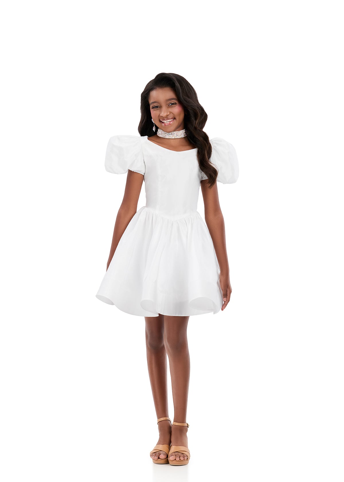 ASHLEYlauren 8387 | Ivory taffeta kids dress with scoop neckline, puff sleeves, and flared skirt