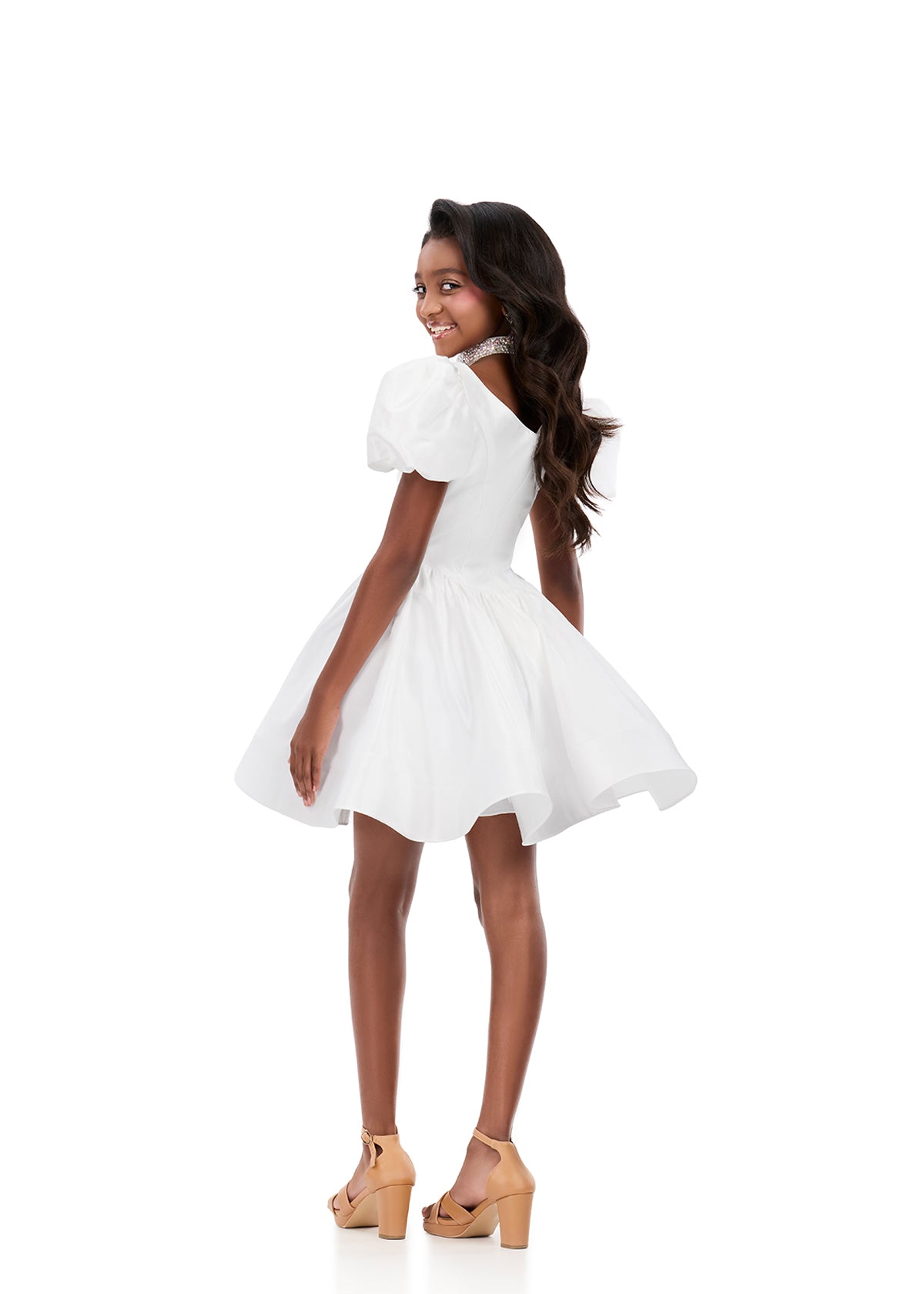 ASHLEYlauren 8387 | Ivory taffeta kids dress with scoop neckline, puff sleeves, and flared skirt