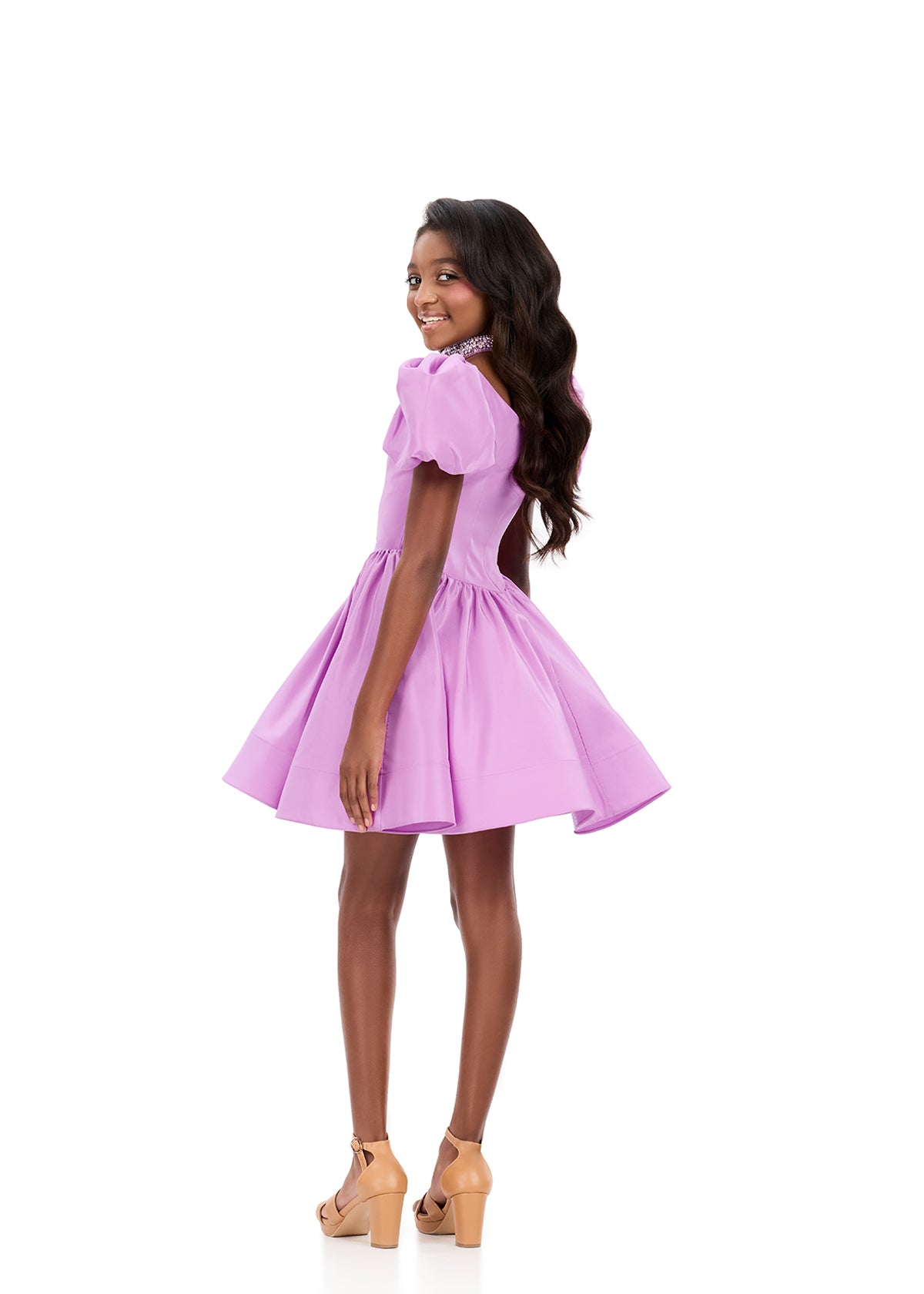 ASHLEYlauren 8387 | Lilac taffeta kids dress with scoop neckline, puff sleeves, and flared skirt