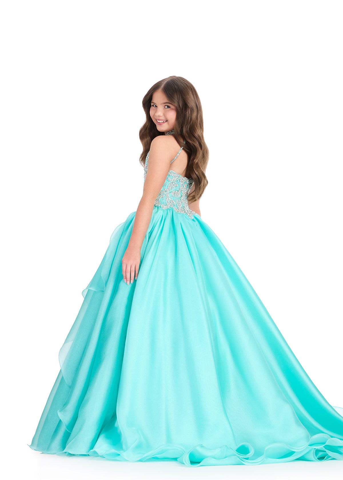 ASHLEYlauren 8395 Gown | Kids Aqua glamorous evening gown with beaded neck long gown 