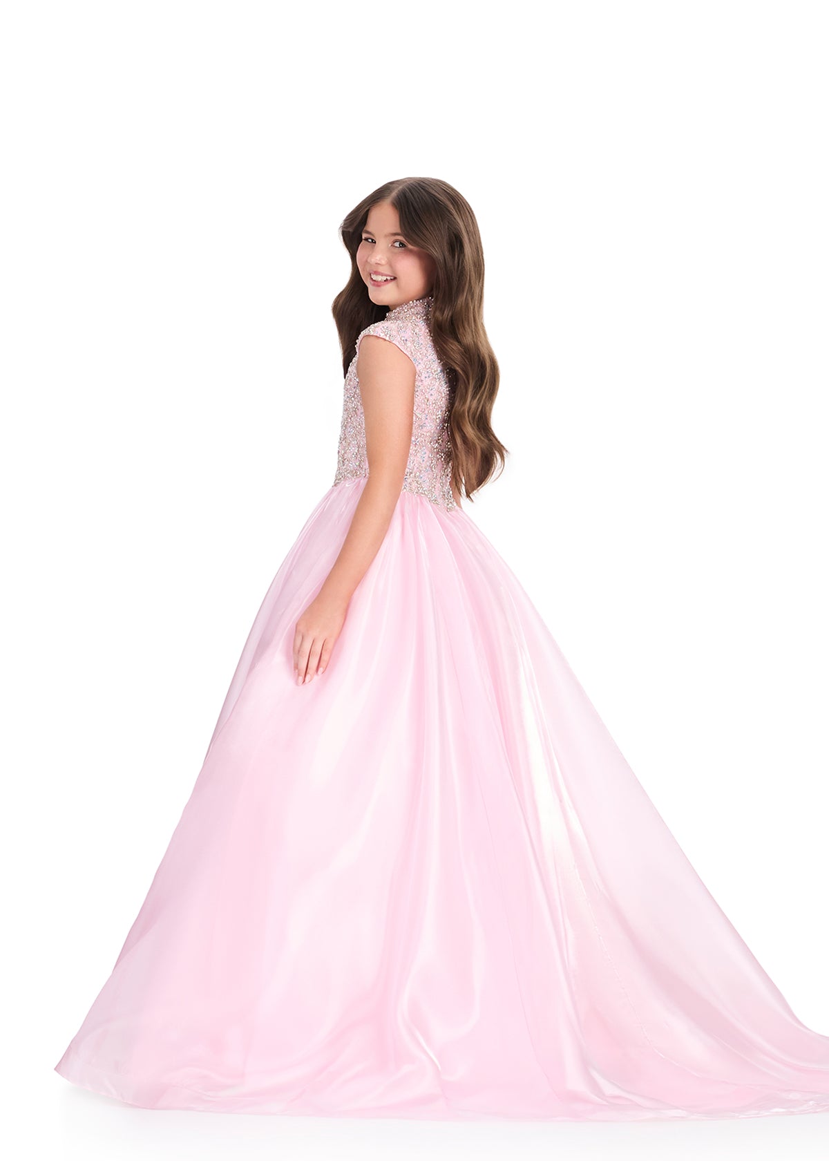ASHLEYlauren 8396 Gown | pink stunning long gown features beading on the front and back 