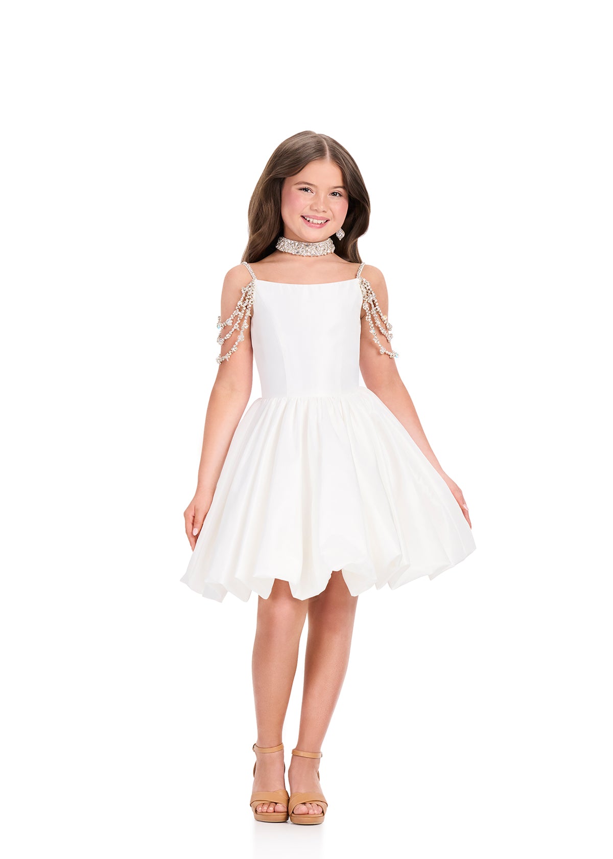 ASHLEYlauren 8397 Cocktail | white show stopping cocktail that features a stunning collar and sparkly off the shoulder straps