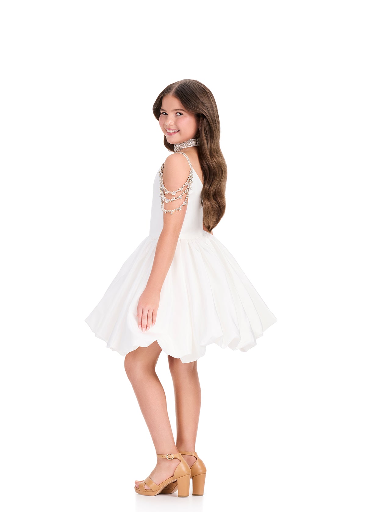 ASHLEYlauren 8397 Cocktail | White elegant cocktail dress with beautiful off the shoulder straps and a dazzling collar 