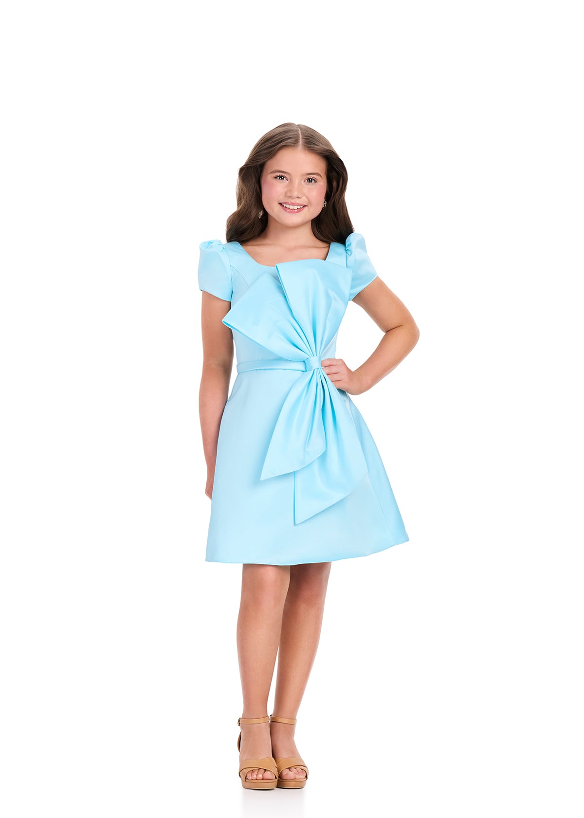 ASHLEYlauren 8400 Cocktail | elegant light blue cocktail dress with stunning bow on the front 