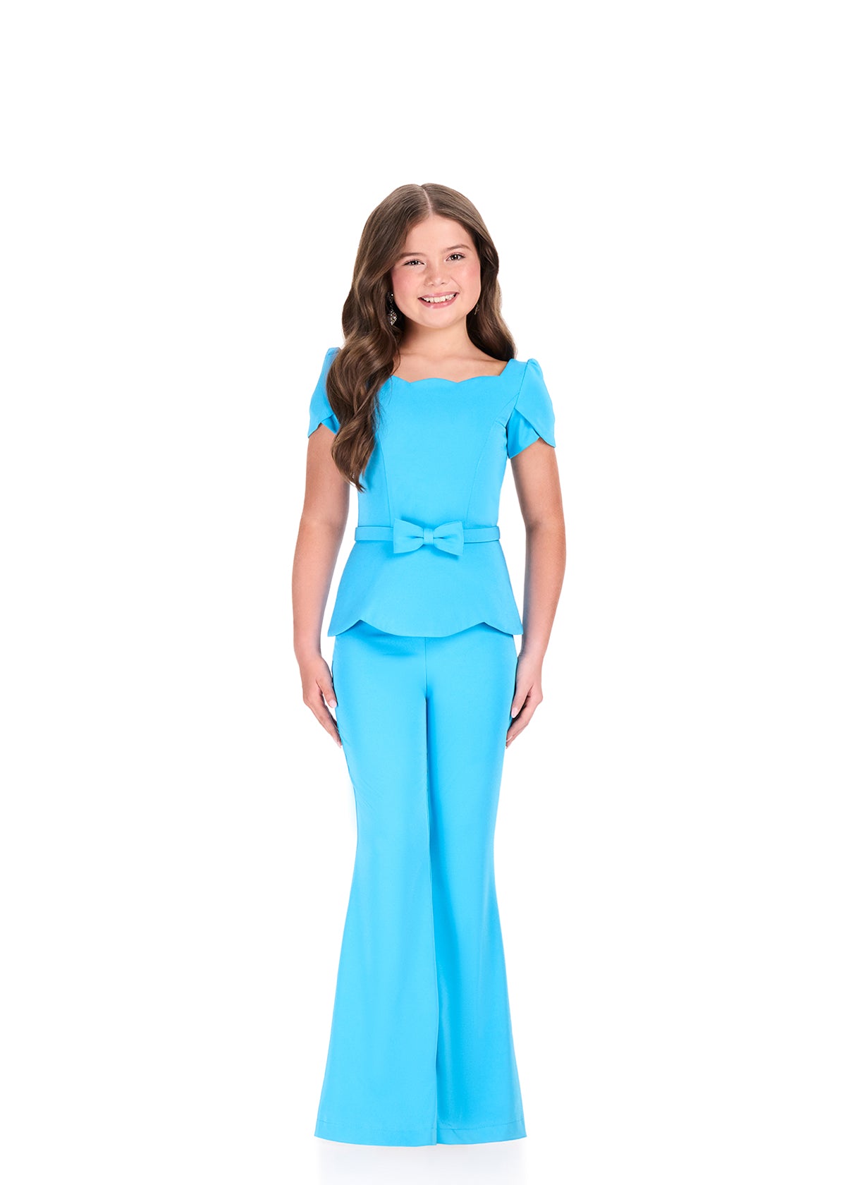 ASHLEYlauren 8403 Jumpsuit| Vibrant blue jumpsuit that show cases a dazzling belt and bow