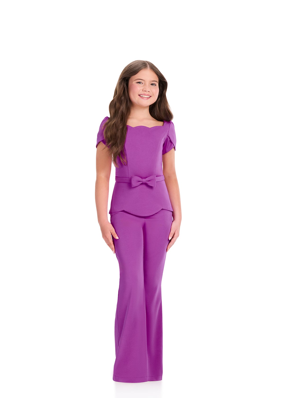 ASHLEYlauren 8403 Jumpsuit | Elegant purple jumpsuit that showcases a beautiful belt and bow